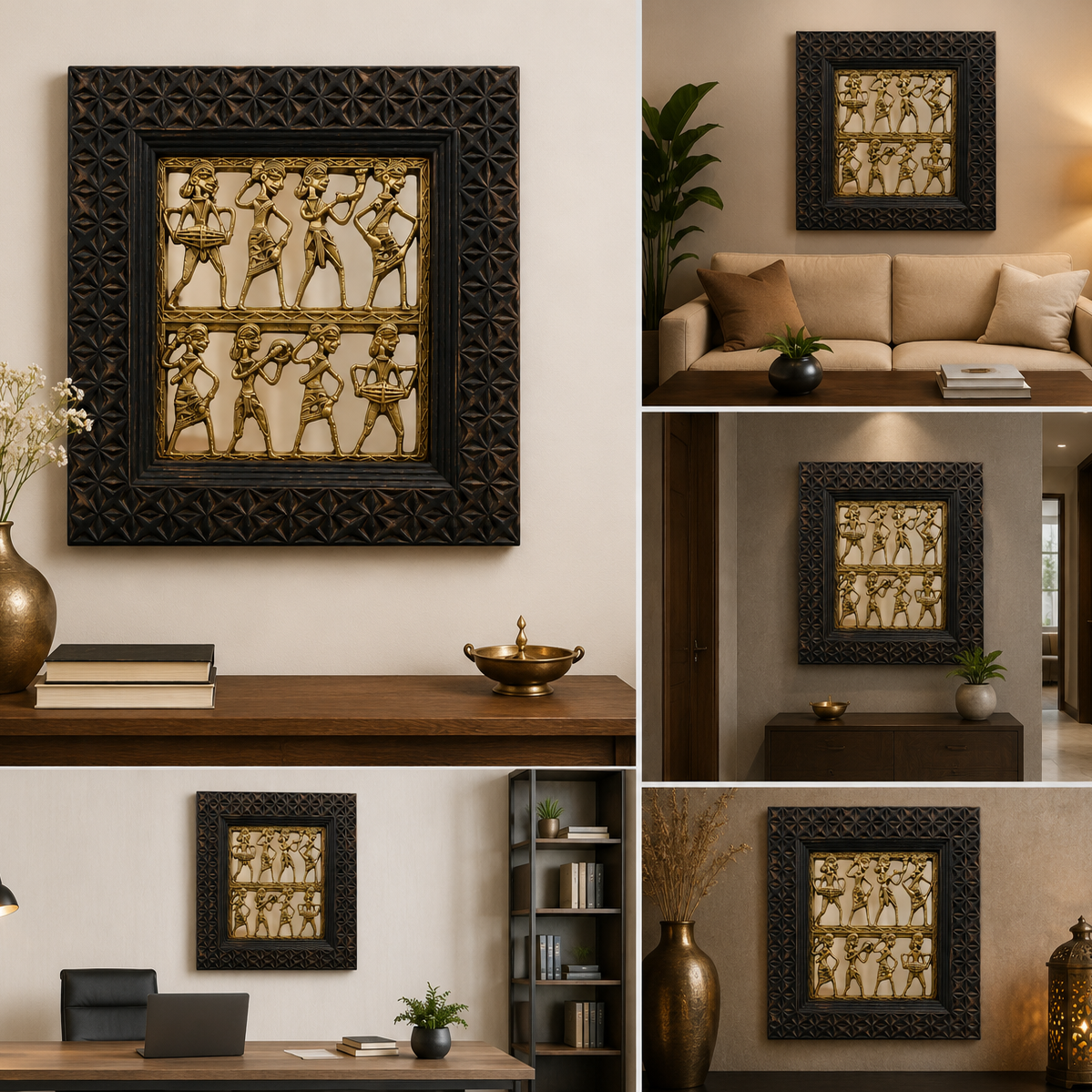 Authentic Dokra tribal musicians wall art handcrafted in brass using the 4,000-year-old lost-wax casting technique, framed in a hand-carved burnt wooden frame by skilled Indian artisans.