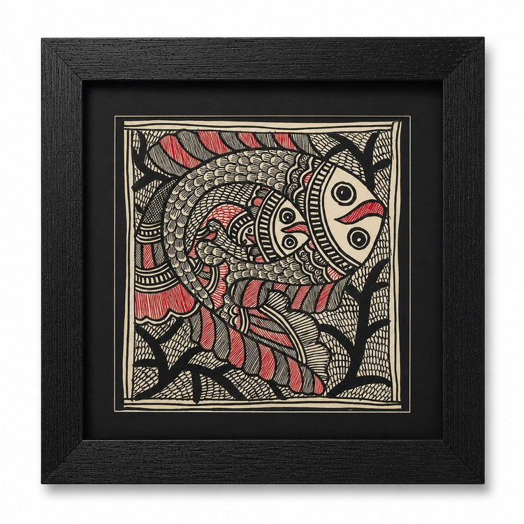 Handcrafted Madhubani Fish Inside Fish Painting with Baby Fish in Premium Black Frame | Traditional Mithila Folk Art Wall Décor