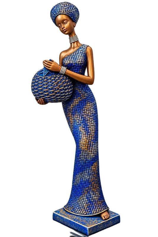 A decorative figurine of a woman in a long blue and gold patterned dress holding a matching blue and gold patterned sphere, set against a solid black background.