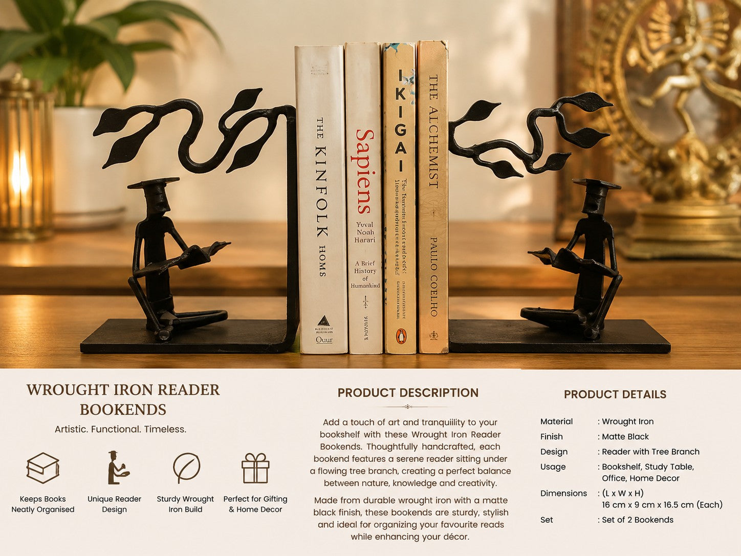 Two wrought iron bookends shaped like seated figures holding tree branches, displayed on books between a lamp and a vase in a warm indoor setting. Text below shows product description and details for the set of two bookends.