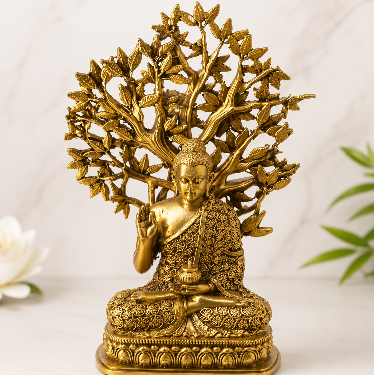 Brass Gautam Buddha with Bodhi Tree – Spiritual Handcrafted Idol by SatrangiIndia