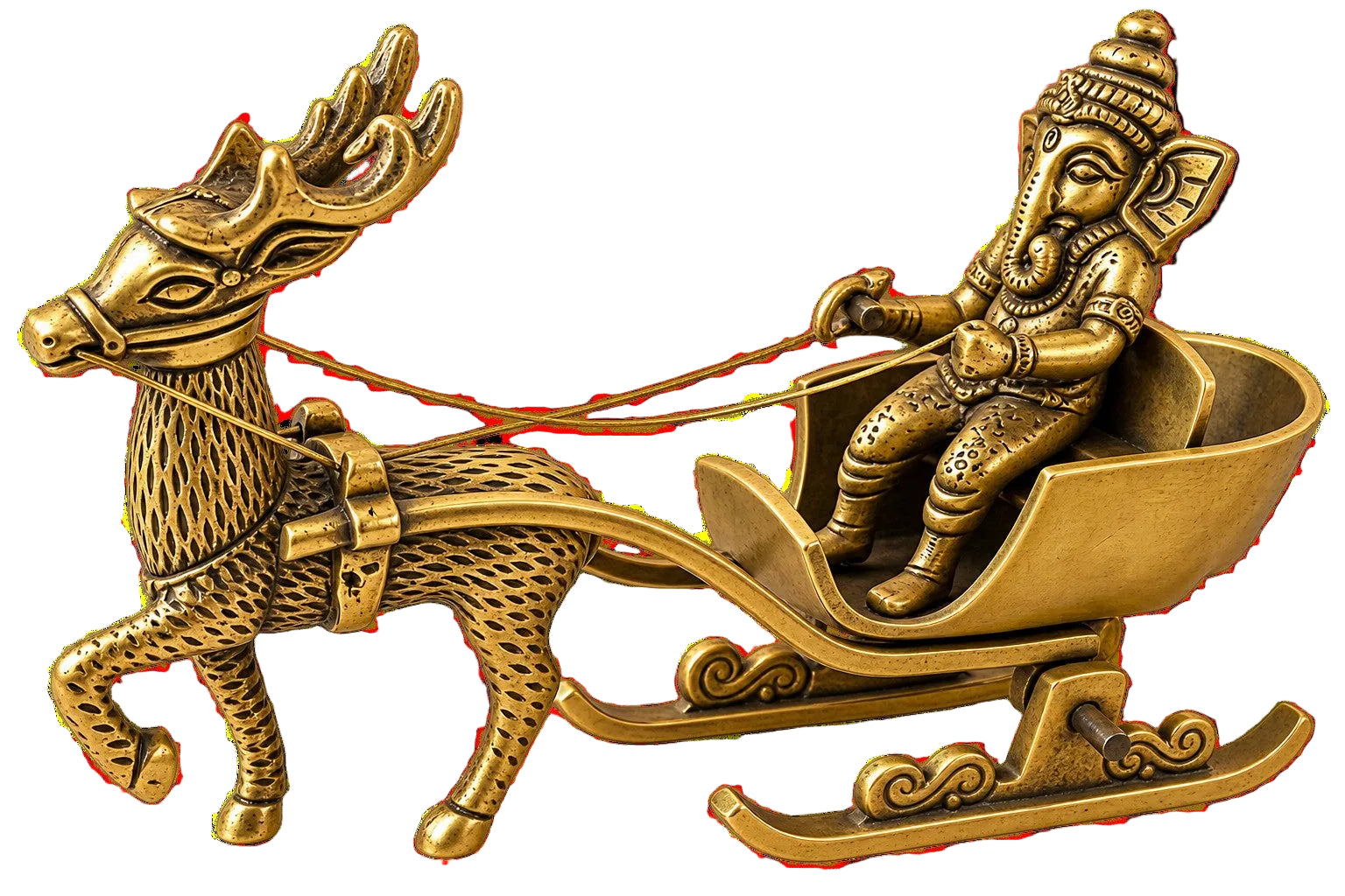 An ornate brass Ganesha in a sleigh figurine, featuring a detailed elephant-headed deity seated in a decorated sleigh pulled by a horse, set against a solid black background.