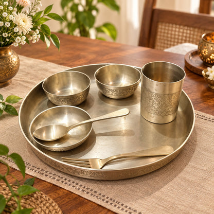 Handcrafted Engraved Metal Thali Set with Bowls, Tumbler & Cutlery