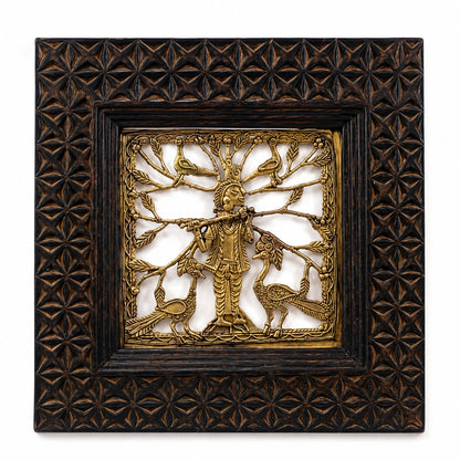 Handcrafted Dokra Krishna Wall Art with Wooden Frame | Tribal Brass Wall Decor | SatrangiIndia