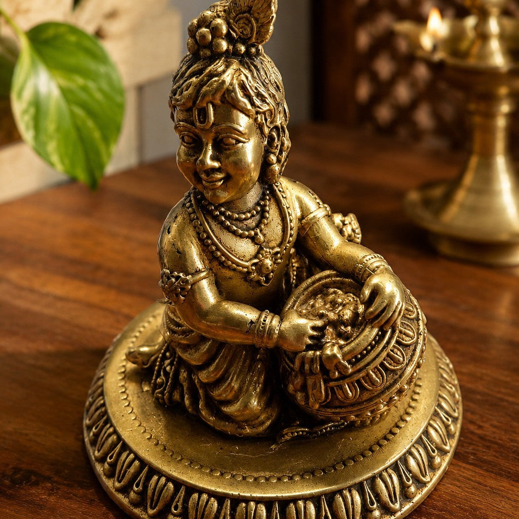 A small brass statue of a Krishna with his makhan matka , makhan chor  on a decorative round base, placed on a wooden surface with a blurred indoor background and green leaves in the upper left.