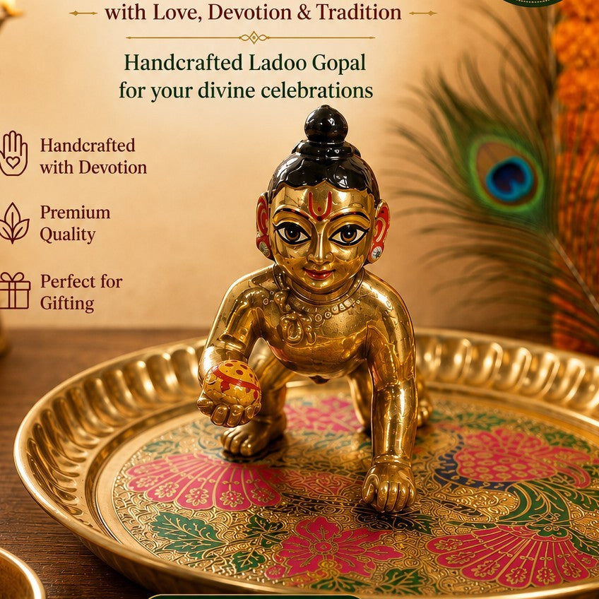 A handcrafted golden Ladoo Gopal figurine displayed on an ornate floral brass tray, with promotional text and decorative elements in the background.