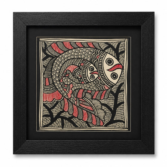 Handcrafted Madhubani Fish Inside Fish Painting with Baby Fish in Premium Black Frame | Traditional Mithila Folk Art Wall Décor