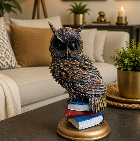 A decorative owl figurine perched on a stack of books, displayed on a dark coffee table in a styled living room setting.