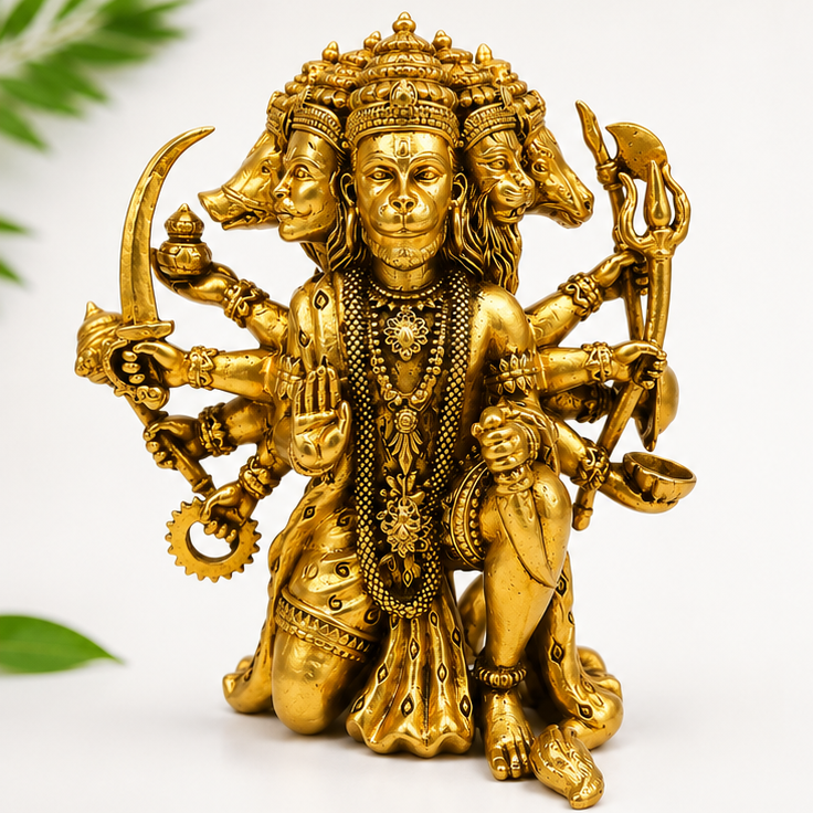 A golden brass statue of a multi-armed Hindu deity, shown against a white background with small inset images at the bottom illustrating different angles and spiritual meanings.