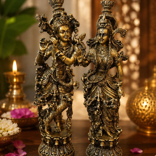 Two ornate bronze-toned Radha Krishna Polyresin statues standing ,Elegant Home decor