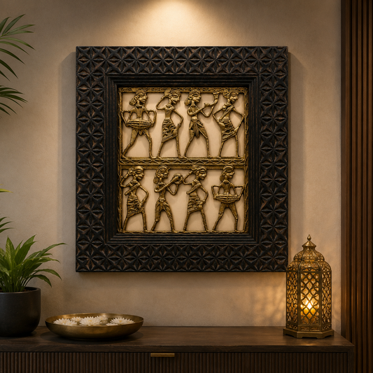 Authentic Dokra Tribal Musicians Wall Art in Hand-Burnt Wooden Frame | 4,000+ Year Old Lost-Wax Craft